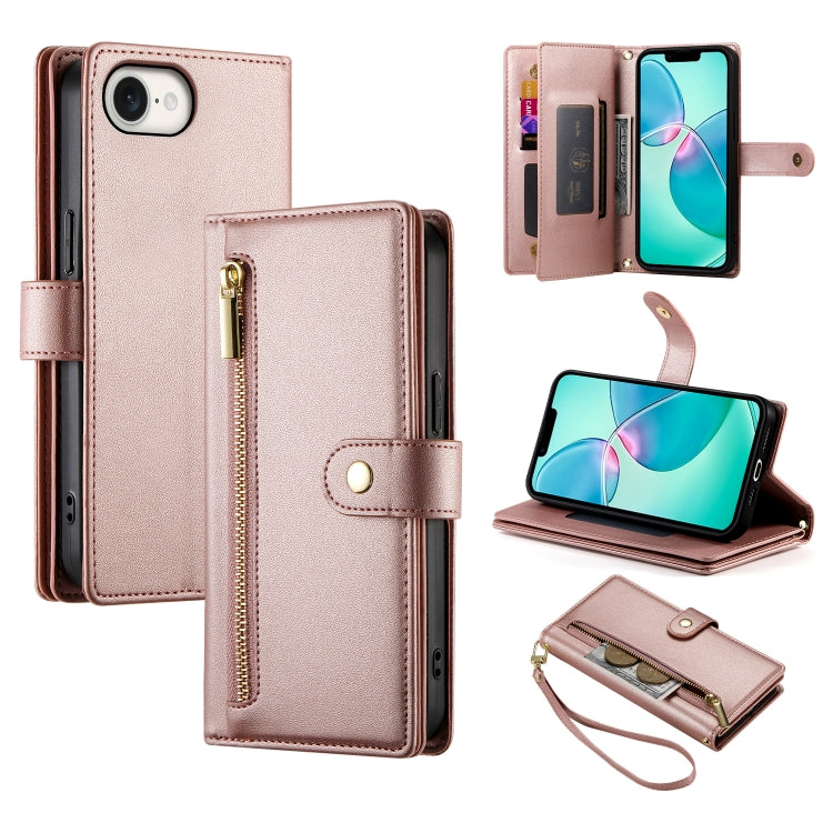 For iPhone 16e Nine Card-slot Zipper Wallet Bag Leather Phone Case(Pink) by buy2fix