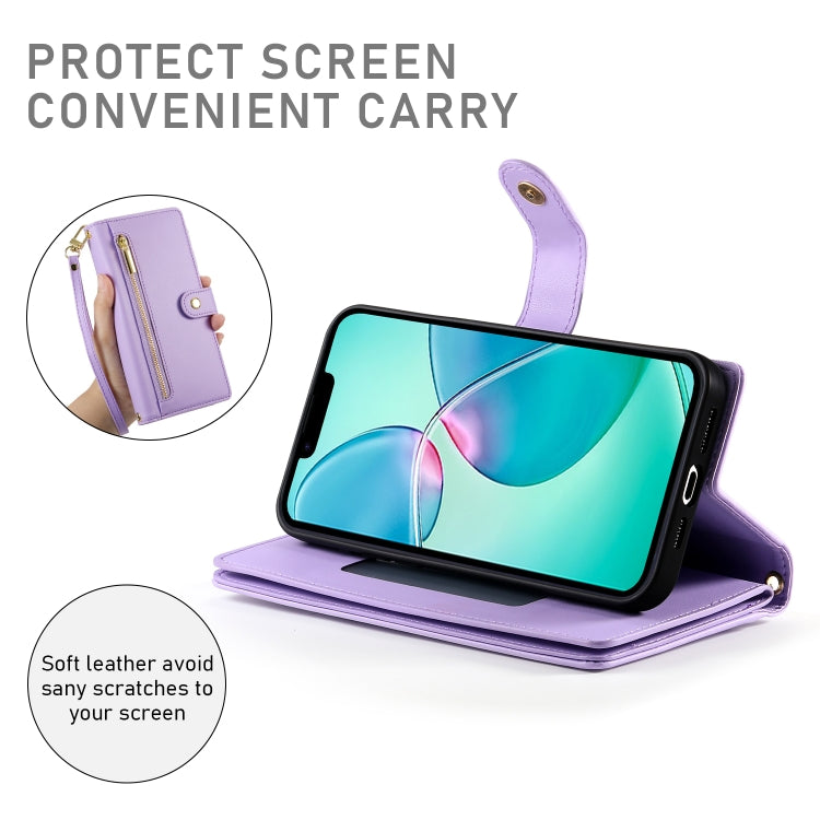 For iPhone 16e Nine Card-slot Zipper Wallet Bag Leather Phone Case(Purple) by buy2fix