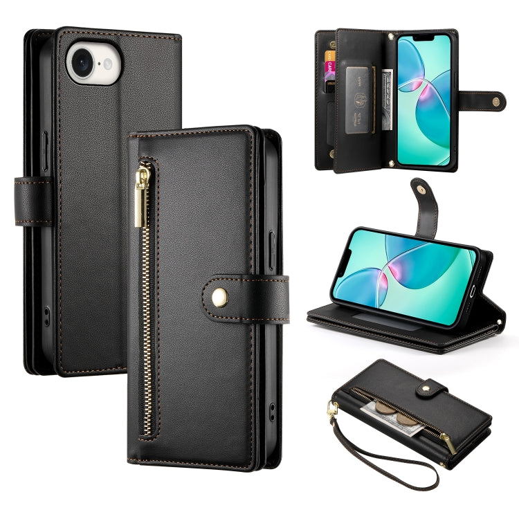 For iPhone 16e Nine Card-slot Zipper Wallet Bag Leather Phone Case(Black) by buy2fix