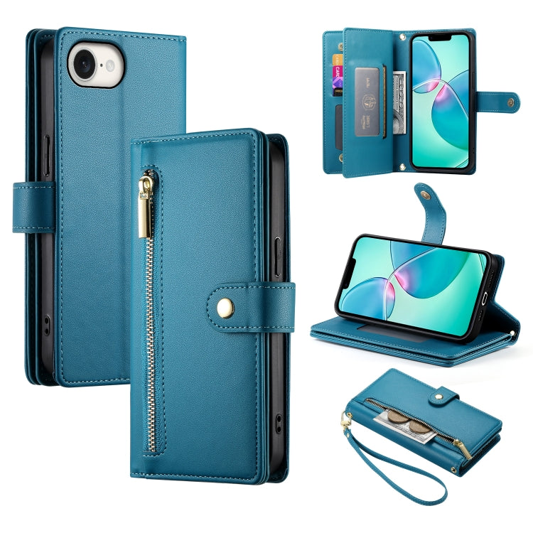 For iPhone 16e Nine Card-slot Zipper Wallet Bag Leather Phone Case(Blue) by buy2fix