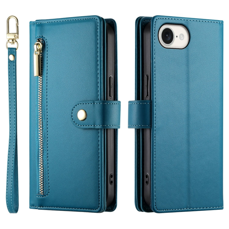 For iPhone 16e Nine Card-slot Zipper Wallet Bag Leather Phone Case(Blue) by buy2fix