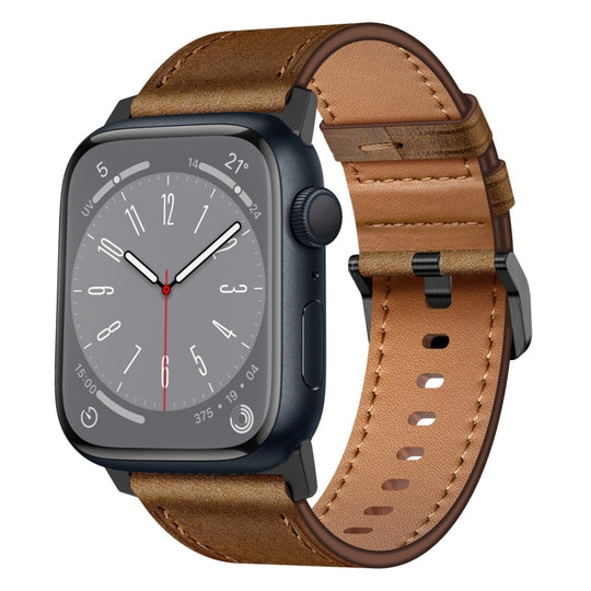 For Apple Watch SE 2022 44mm Wilderness Top-grain Leather Watch Band(Black Connector Dark Brown)