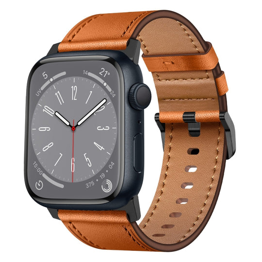 For Apple Watch SE 2022 44mm Wilderness Top-grain Leather Watch Band(Black Connector Brown)