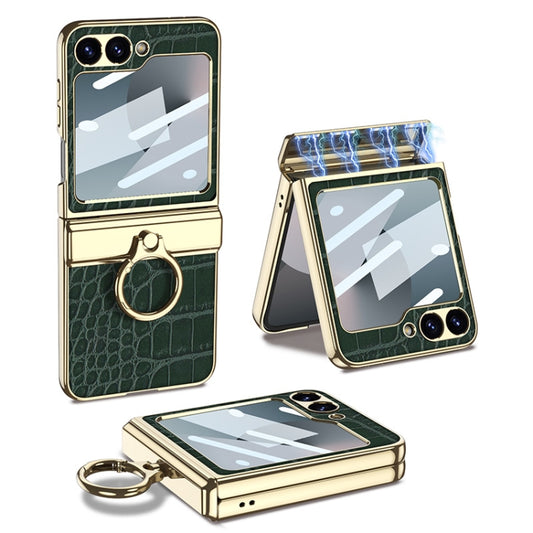 For Samsung Galaxy Z Flip6 / Flip7 FE GKK Integrated Electroplated Crocodile Texture Leather Phone Case with Ring(Green) - Galaxy Z Flip6 5G Cases by GKK | Online Shopping UK | buy2fix