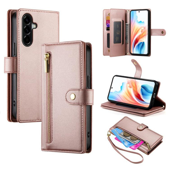 For Samsung Galaxy A57 5G Nine Card-slot Zipper Wallet Bag Leather Phone Case(Pink)