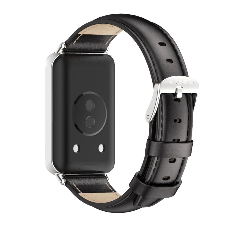 For Honor Band 10 / 9 MIJOBS Cowhide Leather Watch Band(Black Silver) - Watch Bands by MIJOBS | Online Shopping UK | buy2fix