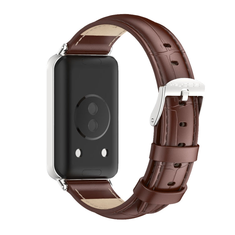 For Honor Band 10 / 9 MIJOBS Cowhide Leather Watch Band(Bamboo Coffee Silver) - Watch Bands by MIJOBS | Online Shopping UK | buy2fix