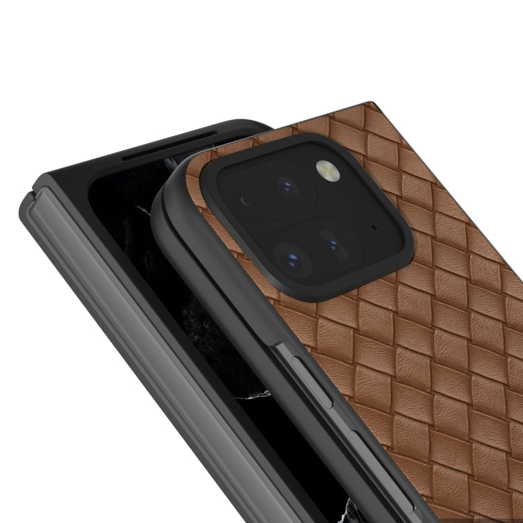 For Google Pixel 9 Pro Fold Black Frame Woven Texture PU Phone Case(Brown) by buy2fix