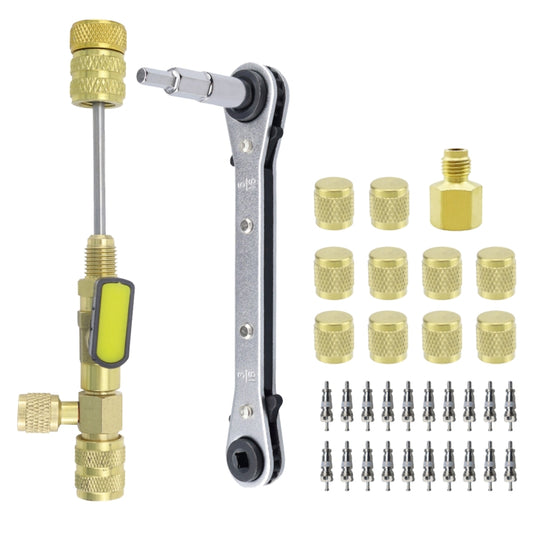 34pcs / Set T6 Air Conditioning Valve Core Remover Installer Tool with Dual Size SAE 1/4 and 5/16 Ports(Gold)