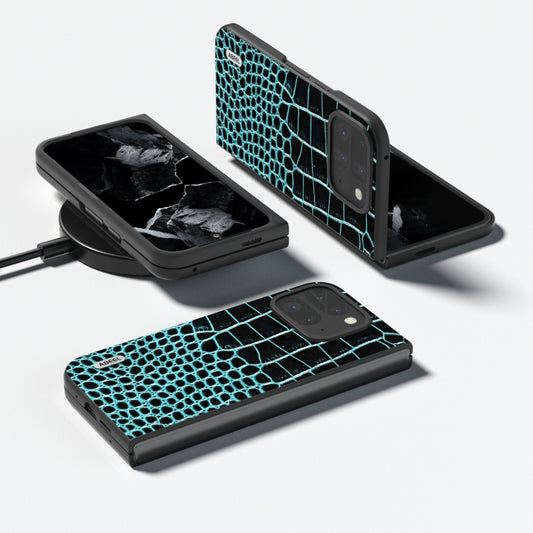 For Google Pixel 9 Pro Fold ABEEL Genuine Leather Crocodile Pattern Black Edge Phone Case(Blue) by buy2fix