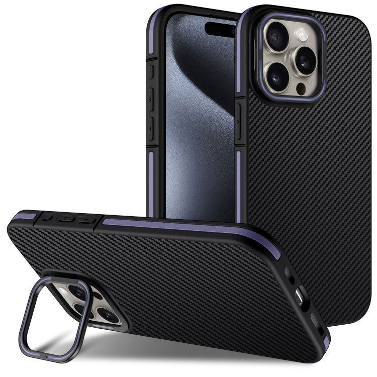 For iPhone 16 Pro Carbon Fiber Texture Lens Holder TPU Phone Case(Purple) - iPhone 16 Pro Cases by buy2fix | Online Shopping UK | buy2fix