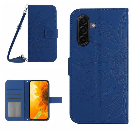 For Samsung Galaxy A57 5G Skin Feel Sun Flower Embossed Flip Leather Phone Case with Lanyard(Dark Blue)