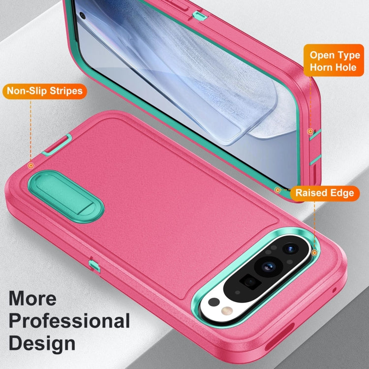 For Google Pixel 9 Pro Rugged PC + Silicone Phone Case with Holder(Rose Red+Light Green) by buy2fix