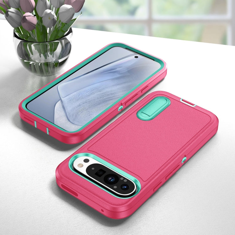 For Google Pixel 9 Pro Rugged PC + Silicone Phone Case with Holder(Rose Red+Light Green) by buy2fix