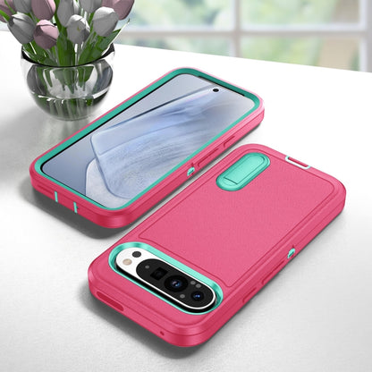 For Google Pixel 9 Pro Rugged PC + Silicone Phone Case with Holder(Rose Red+Light Green) by buy2fix