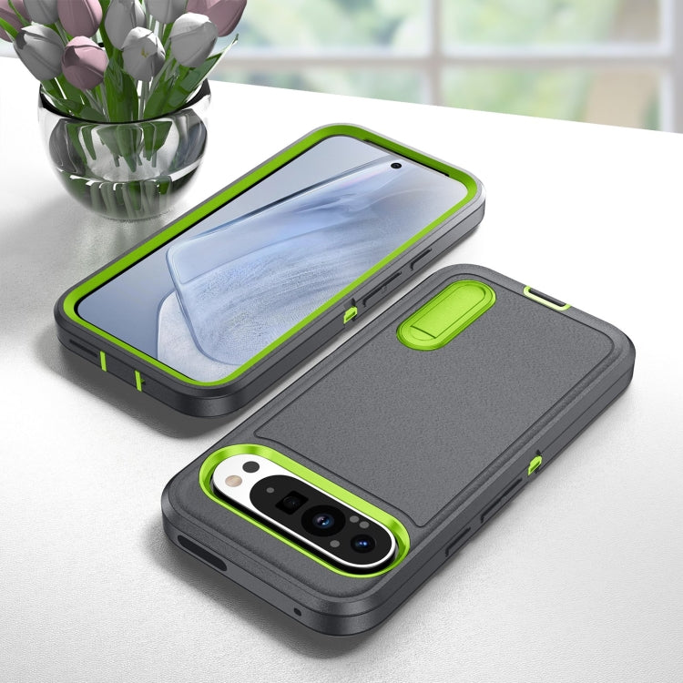For Google Pixel 9 Pro Rugged PC + Silicone Phone Case with Holder(Grey+Fresh Green) by buy2fix
