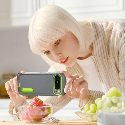 For Google Pixel 9 Pro Rugged PC + Silicone Phone Case with Holder(Grey+Fresh Green) by buy2fix