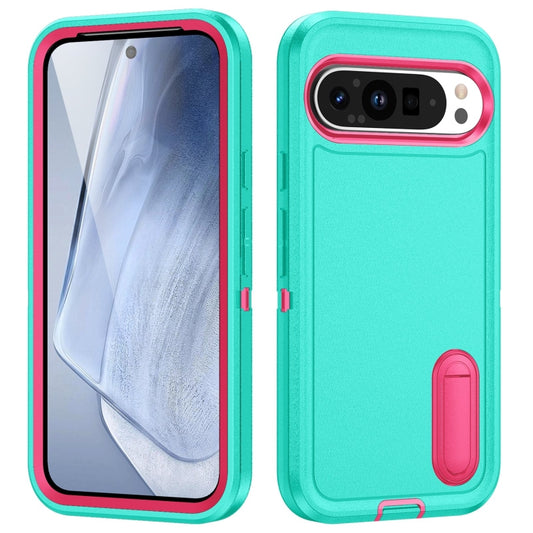 For Google Pixel 9 Pro Rugged PC + Silicone Phone Case with Holder(Light Green+Rose Red) by buy2fix