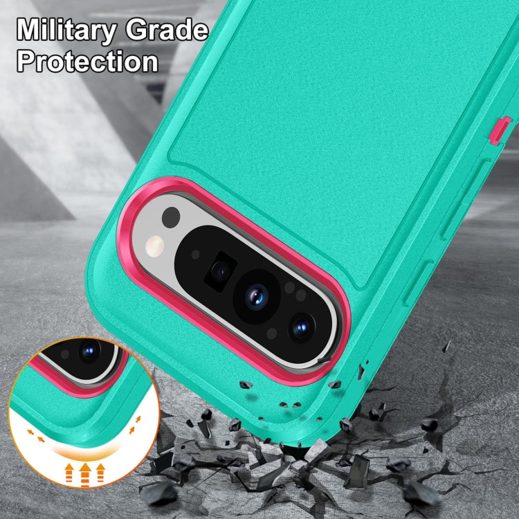 For Google Pixel 9 Pro Rugged PC + Silicone Phone Case with Holder(Light Green+Rose Red) by buy2fix