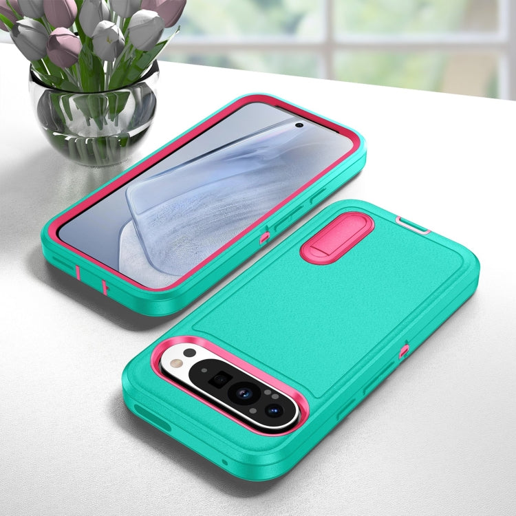For Google Pixel 9 Pro Rugged PC + Silicone Phone Case with Holder(Light Green+Rose Red) by buy2fix