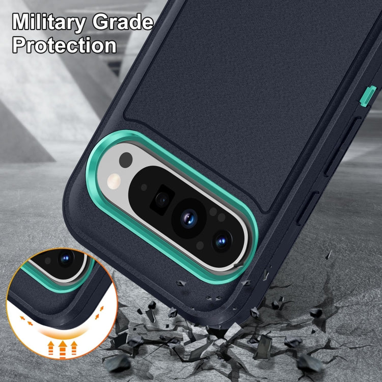 For Google Pixel 9 Pro Rugged PC + Silicone Phone Case with Holder(Dark Blue+Light Green) by buy2fix