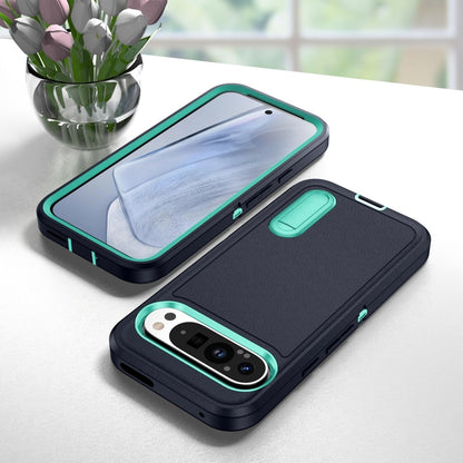 For Google Pixel 9 Pro Rugged PC + Silicone Phone Case with Holder(Dark Blue+Light Green) by buy2fix