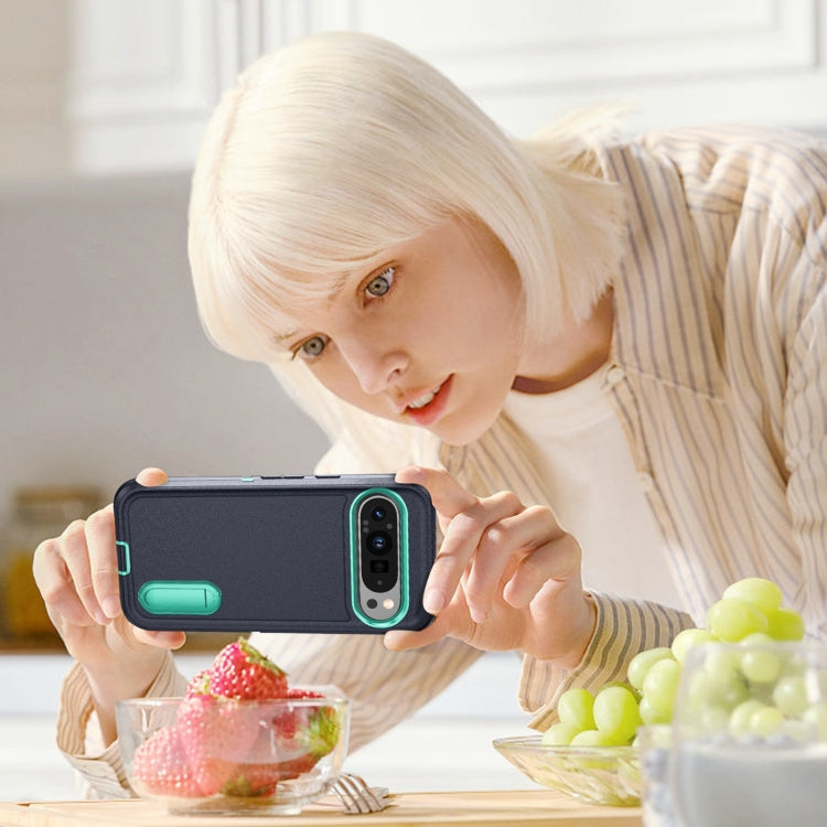 For Google Pixel 9 Pro Rugged PC + Silicone Phone Case with Holder(Dark Blue+Light Green) by buy2fix