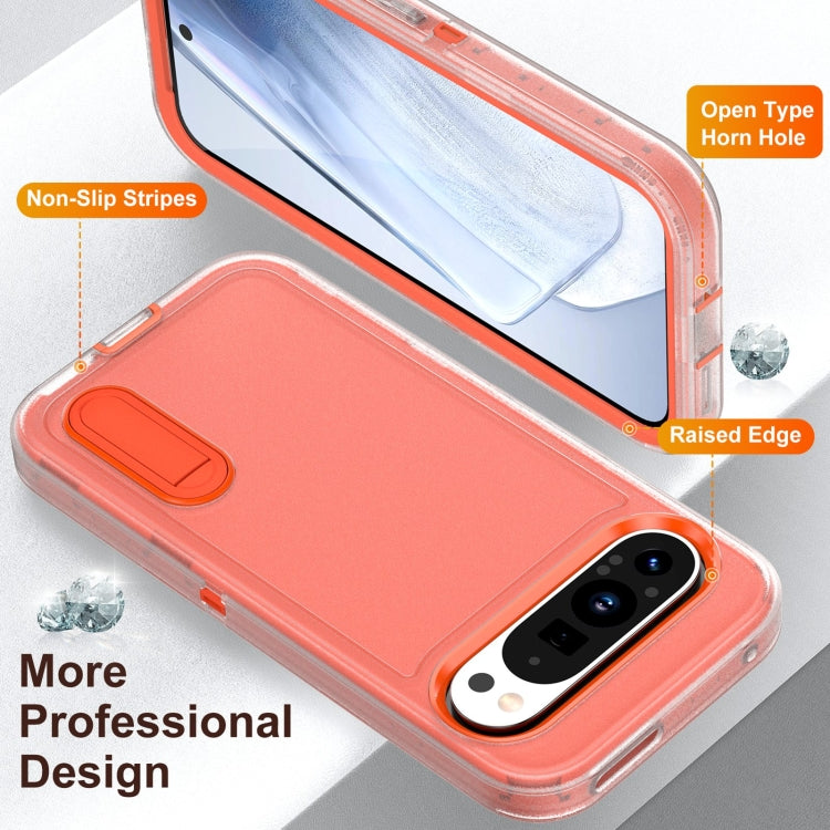 For Google Pixel 9 Pro Rugged PC + Silicone Phone Case with Holder(Transparent+Orange) by buy2fix