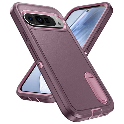 For Google Pixel 9 Pro Rugged PC + Silicone Phone Case with Holder(Purple+Pink) by buy2fix