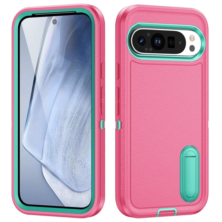 For Google Pixel 9 Rugged PC + Silicone Phone Case with Holder(Rose Red+Light Green) by buy2fix