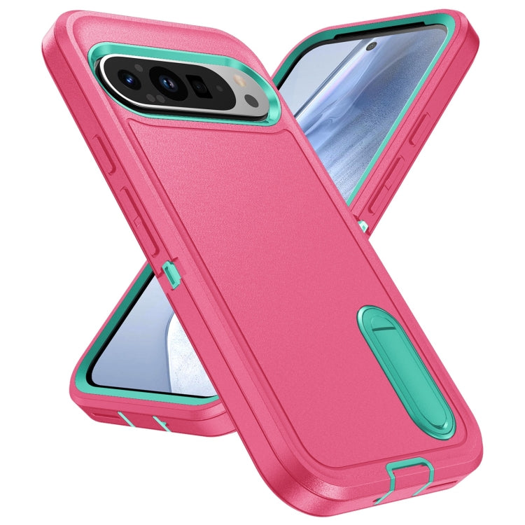 For Google Pixel 9 Rugged PC + Silicone Phone Case with Holder(Rose Red+Light Green) by buy2fix