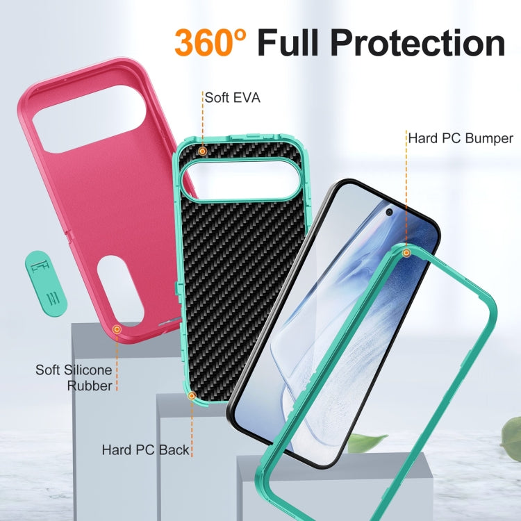 For Google Pixel 9 Rugged PC + Silicone Phone Case with Holder(Rose Red+Light Green) by buy2fix