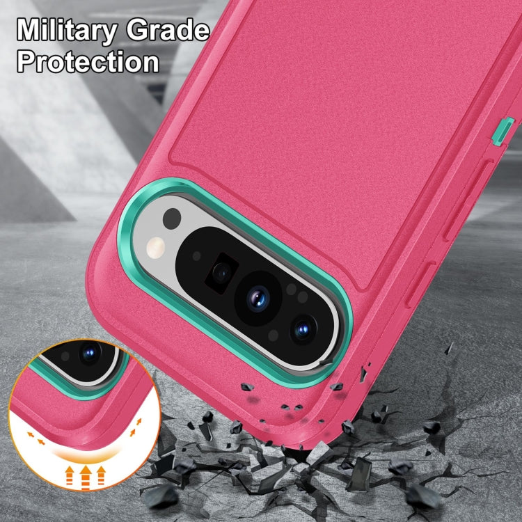 For Google Pixel 9 Rugged PC + Silicone Phone Case with Holder(Rose Red+Light Green) by buy2fix