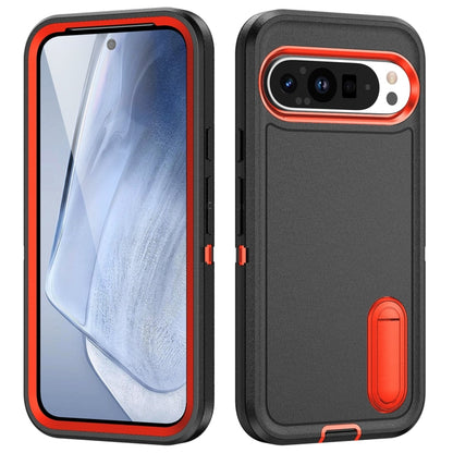 For Google Pixel 9 Rugged PC + Silicone Phone Case with Holder(Black+Orange) by buy2fix