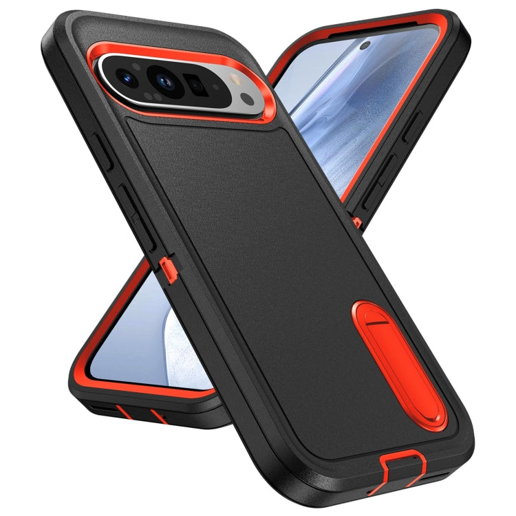 For Google Pixel 9 Rugged PC + Silicone Phone Case with Holder(Black+Orange) by buy2fix