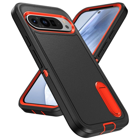For Google Pixel 9 Rugged PC + Silicone Phone Case with Holder(Black+Orange) by buy2fix