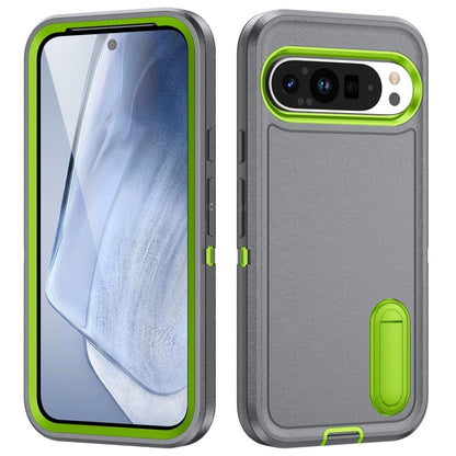 For Google Pixel 9 Rugged PC + Silicone Phone Case with Holder(Grey+Fresh Green) by buy2fix