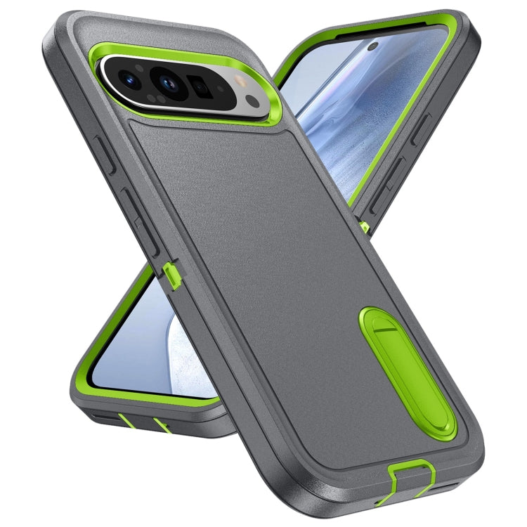 For Google Pixel 9 Rugged PC + Silicone Phone Case with Holder(Grey+Fresh Green) by buy2fix