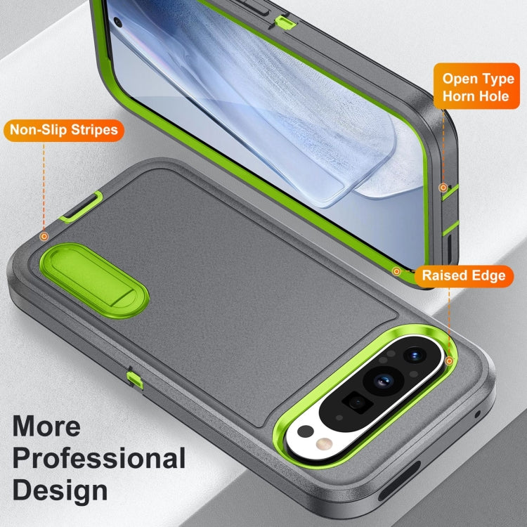 For Google Pixel 9 Rugged PC + Silicone Phone Case with Holder(Grey+Fresh Green) by buy2fix