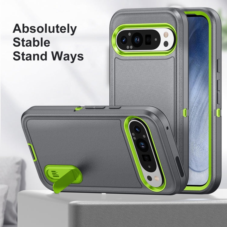 For Google Pixel 9 Rugged PC + Silicone Phone Case with Holder(Grey+Fresh Green) by buy2fix