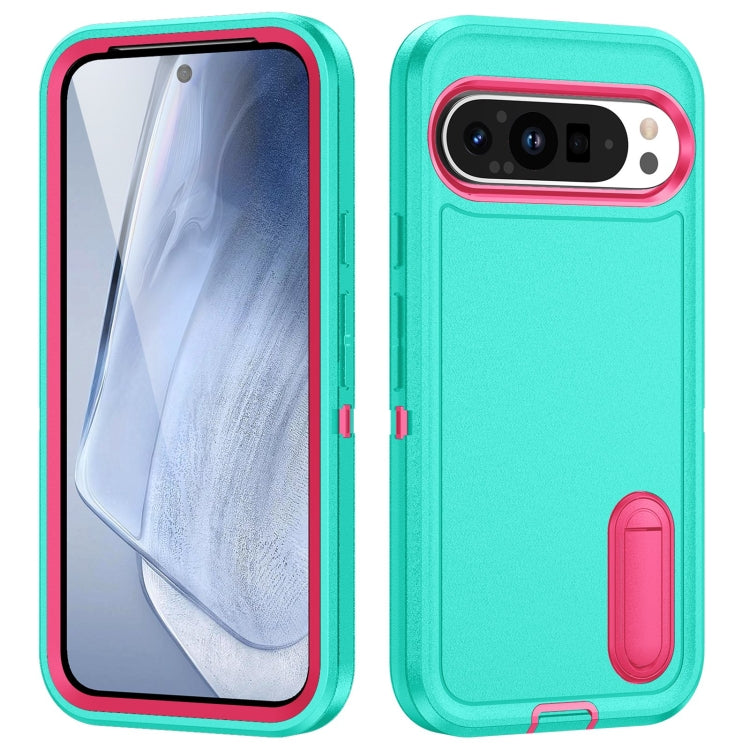For Google Pixel 9 Rugged PC + Silicone Phone Case with Holder(Light Green+Rose Red) by buy2fix