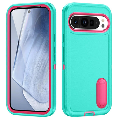 For Google Pixel 9 Rugged PC + Silicone Phone Case with Holder(Light Green+Rose Red) by buy2fix