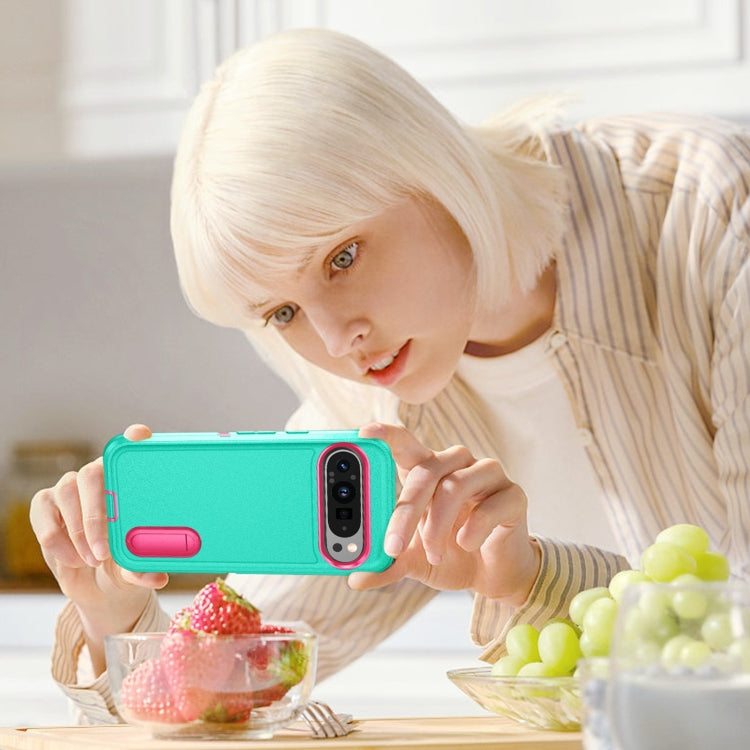 For Google Pixel 9 Rugged PC + Silicone Phone Case with Holder(Light Green+Rose Red) by buy2fix