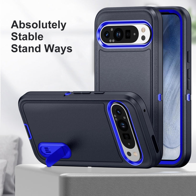 For Google Pixel 9 Rugged PC + Silicone Phone Case with Holder(Dark Blue+Royal Blue) by buy2fix