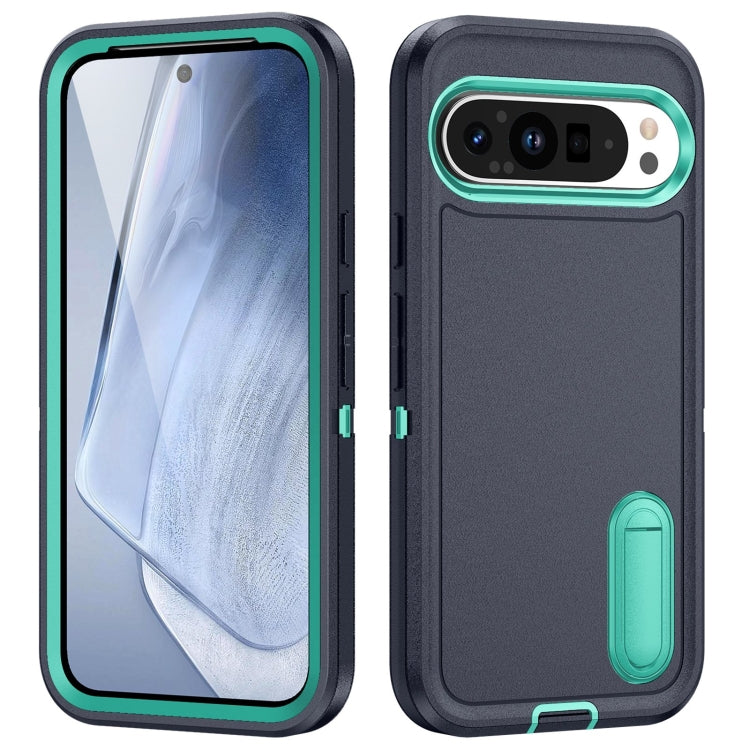 For Google Pixel 9 Rugged PC + Silicone Phone Case with Holder(Dark Blue+Light Green) by buy2fix