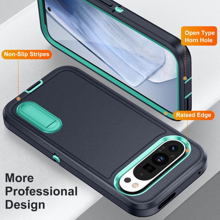 For Google Pixel 9 Rugged PC + Silicone Phone Case with Holder(Dark Blue+Light Green) by buy2fix