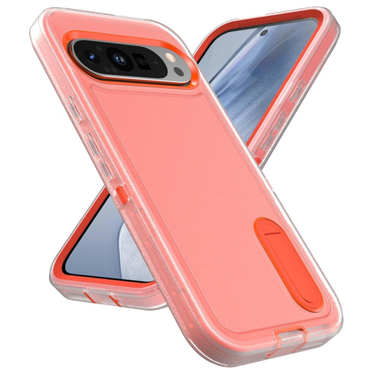 For Google Pixel 9 Rugged PC + Silicone Phone Case with Holder(Transparent+Orange) by buy2fix