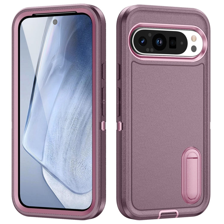 For Google Pixel 9 Rugged PC + Silicone Phone Case with Holder(Purple+Pink) by buy2fix