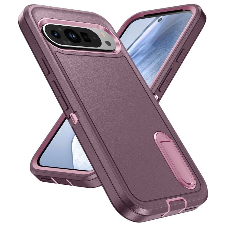 For Google Pixel 9 Rugged PC + Silicone Phone Case with Holder(Purple+Pink) by buy2fix