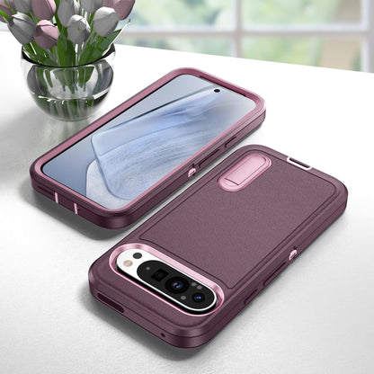 For Google Pixel 9 Rugged PC + Silicone Phone Case with Holder(Purple+Pink) by buy2fix
